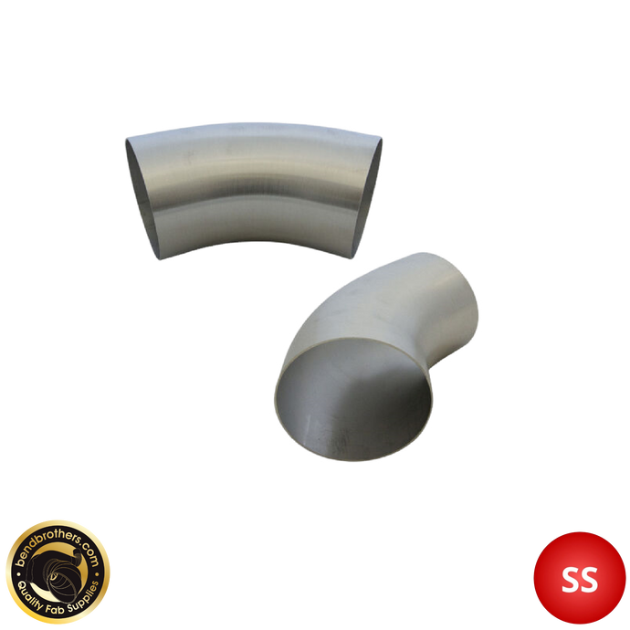 Stainless steel pipe elbow on a white background with a brand logo in the corner.