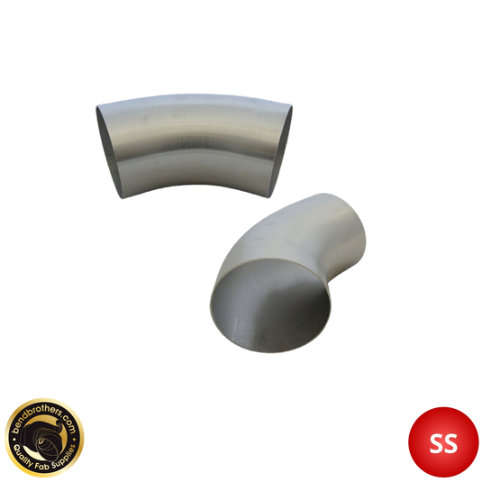 Stainless steel pipe elbow on a white background with a brand logo in the corner.